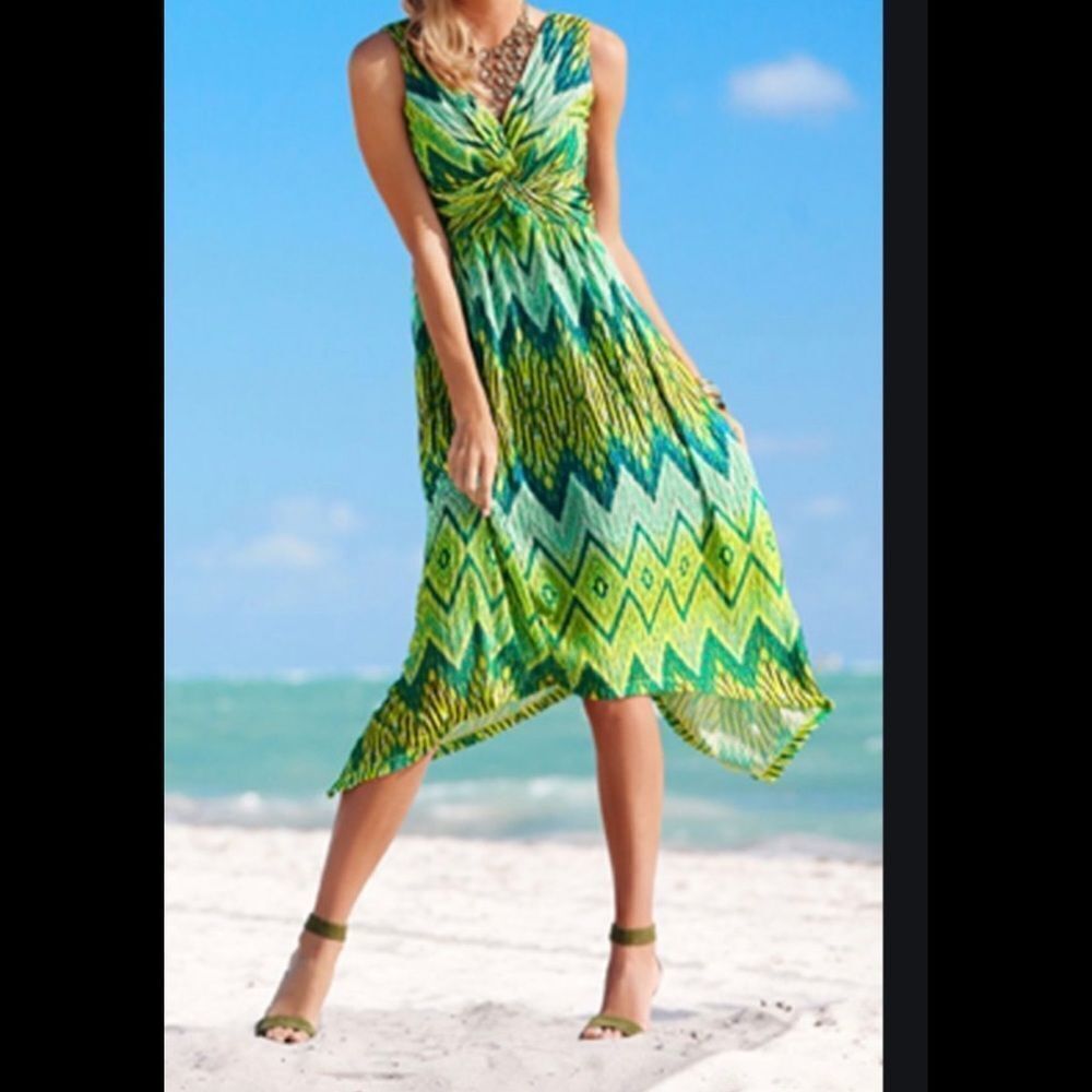 CHICO’S green IKAT knit handkerchief midi dress 8